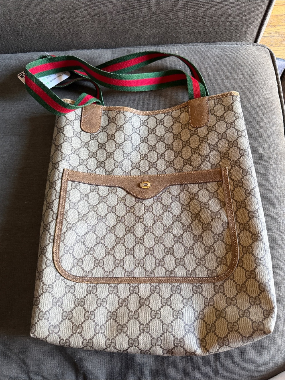 Gucci Beige GG Canvas Tote with Green and Red Web Strap